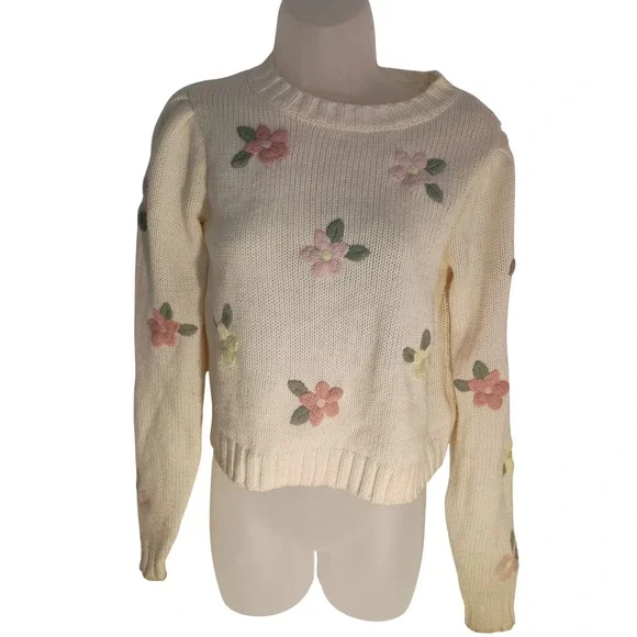 jessica simpson cottage pink purple yellow floral embroidery long sleeve Sweater - Picture 3 of 11